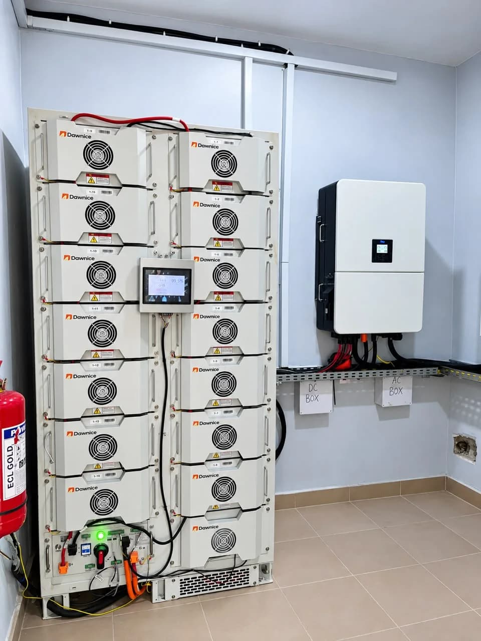 Battery storage racks and inverter in the charging station's power room